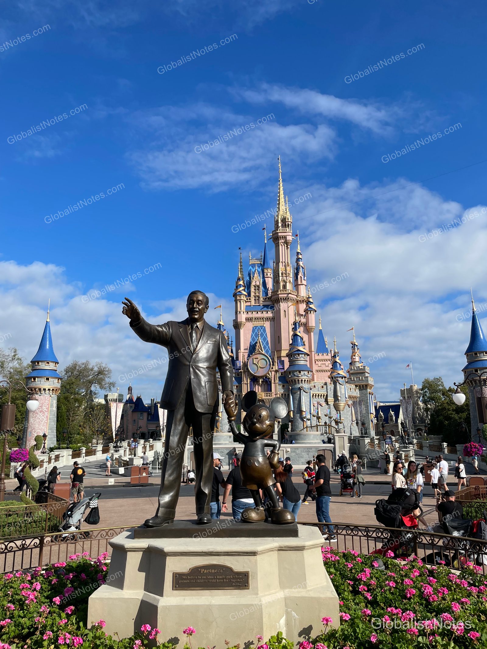 The Partners Statue of Walt Disney and Mickey Mouse holding hands in front of Cinderella Castle at Disney World's Magic Kingdom in Orlando, with visitors walking around on a clear day.