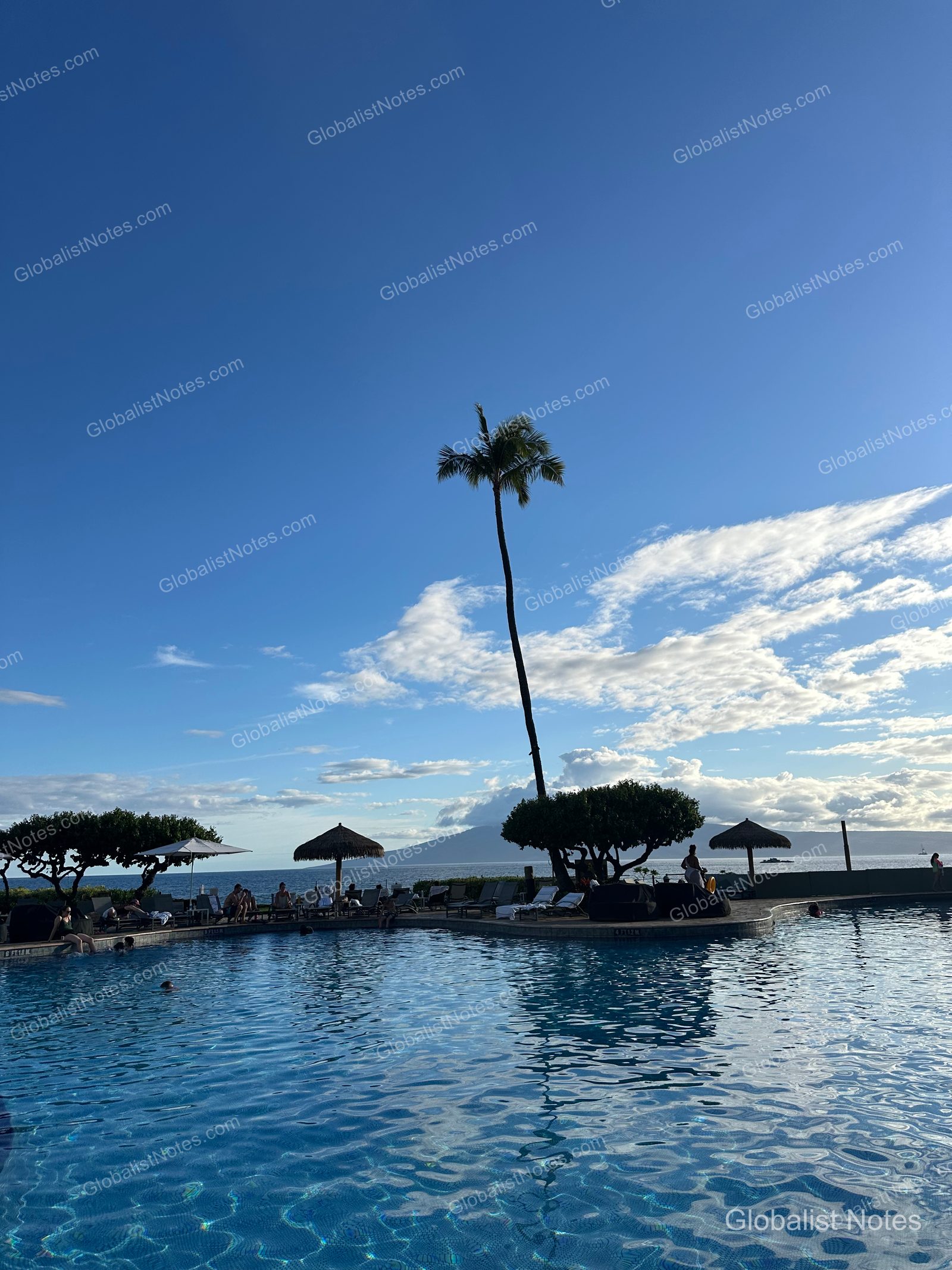 Outdoor pool view at Hyatt Regency Maui Resort and Spa, featuring palm trees and umbrellas under a blue sky, with the ocean and island silhouettes visible beyond the pool.
