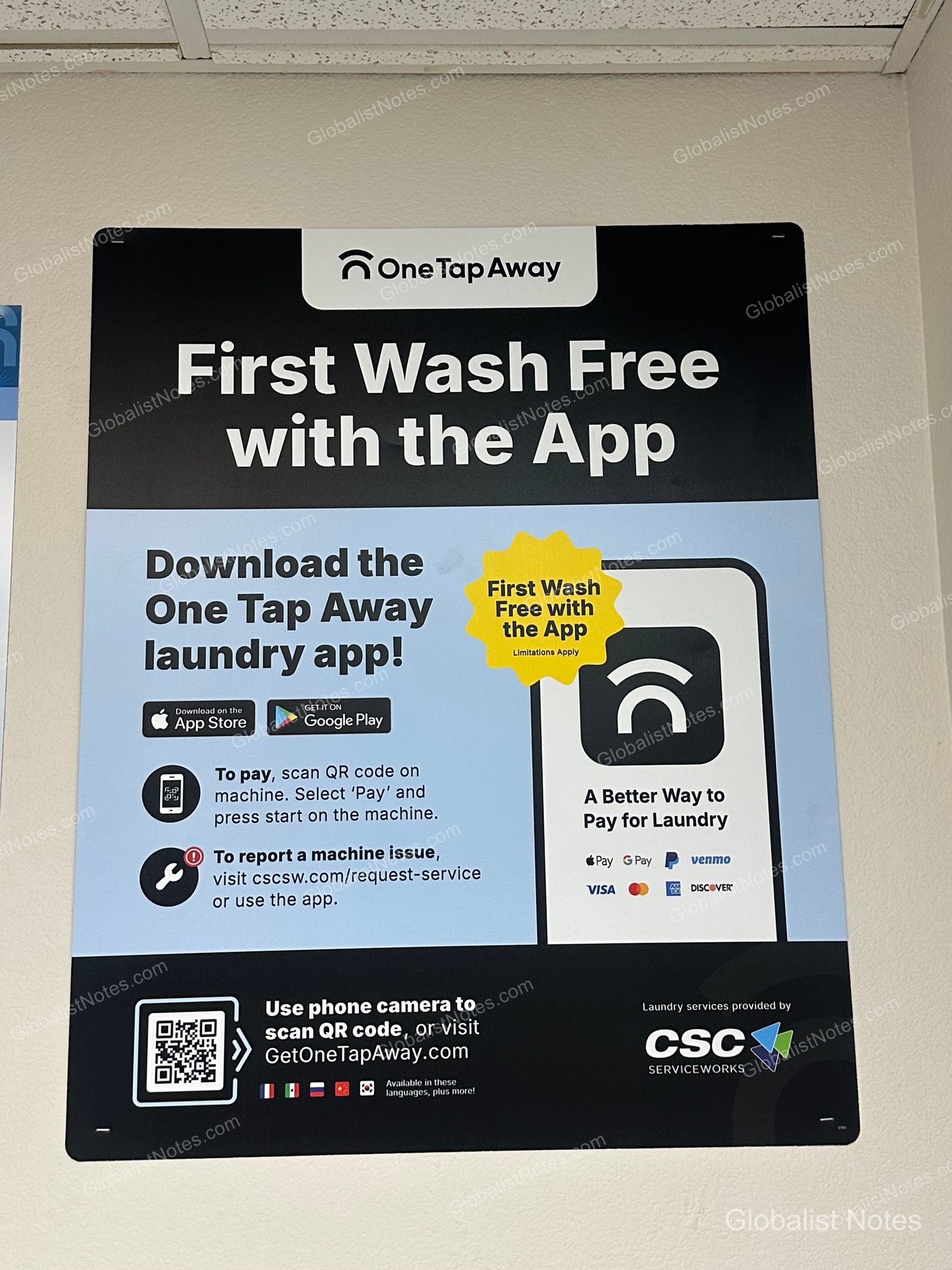 Hyatt House Scottsdale/Old Townのランドリールームに掲示された「One Tap Away」アプリの案内。アプリ経由の決済方法や、初回洗濯無料特典、QRコードなどが記載されています。