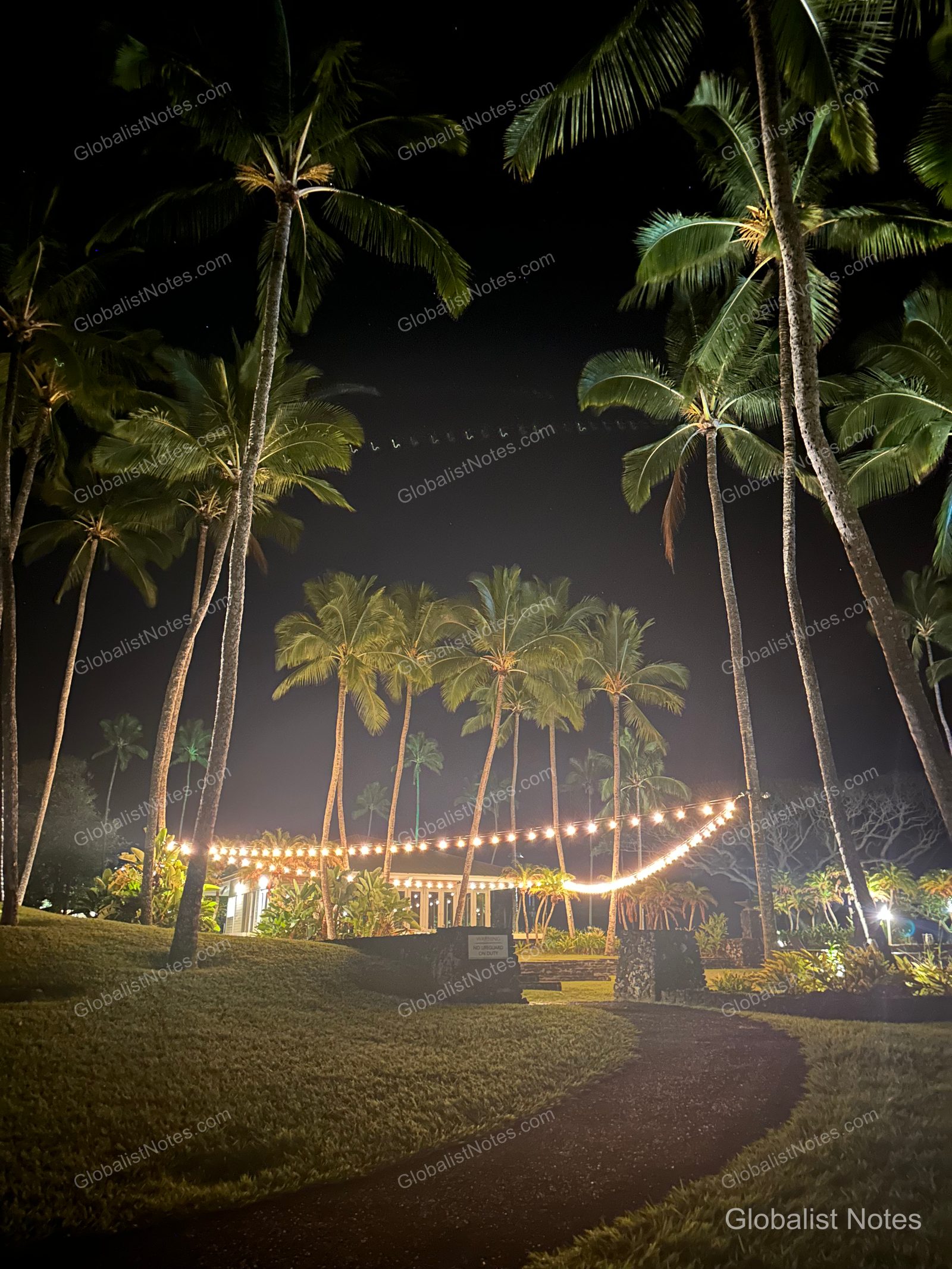 Night view of Hana-Maui Resort in Hawaii, featuring tall palm trees under a dark sky, with string lights illuminating the walkway and resort buildings.