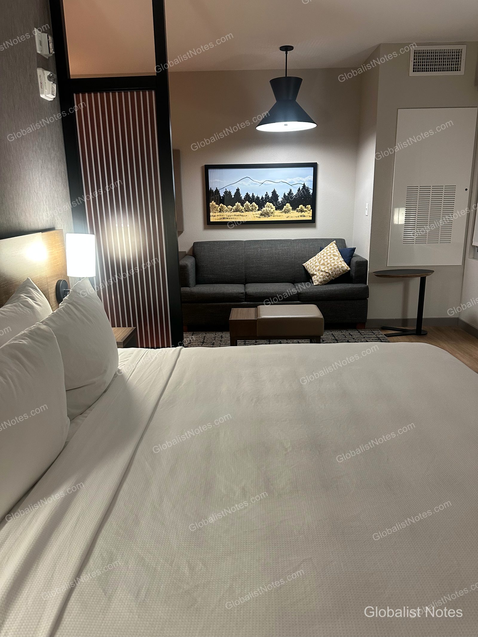 Hyatt Place Flagstaffのデラックスルーム。手前に白い寝具のベッド、奥のリビングエリアにはグレーのソファとオットマンが配置されています。壁には山と木のアートが飾られ、パーティションで空間が仕切られています。