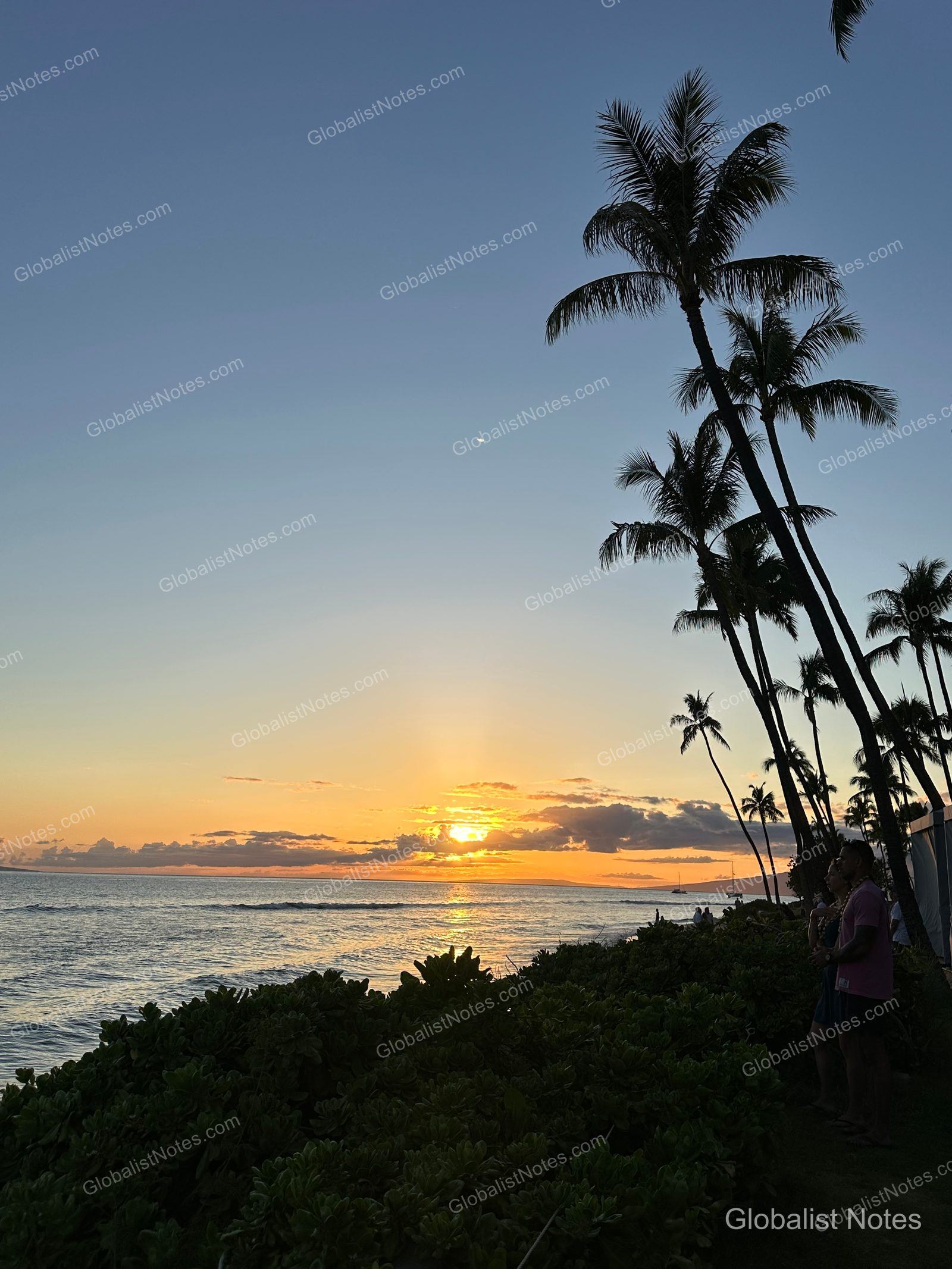 Sunset view from the beach at Hyatt Regency Maui Resort and Spa in Lahaina, Hawaii. The sun is setting over the horizon, casting an orange glow across the sky, with silhouettes of palm trees on the right and dense shrubbery in the foreground.