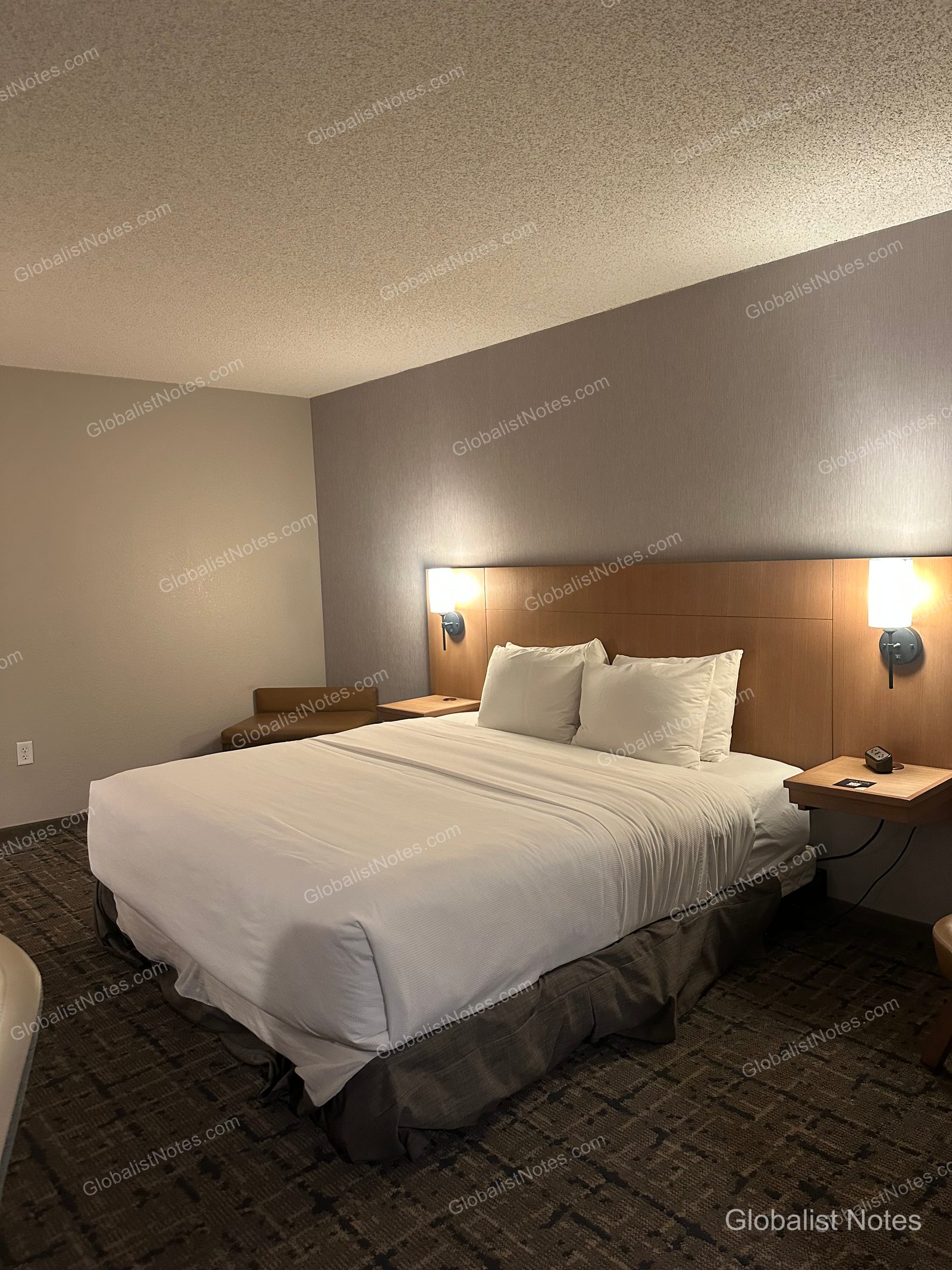 Hyatt Place Tucson Central 初級套房內部。King Size 床鋪兩側設有木質床頭板與壁燈，床邊配有一張小椅子，地面鋪設深灰色花紋地毯。