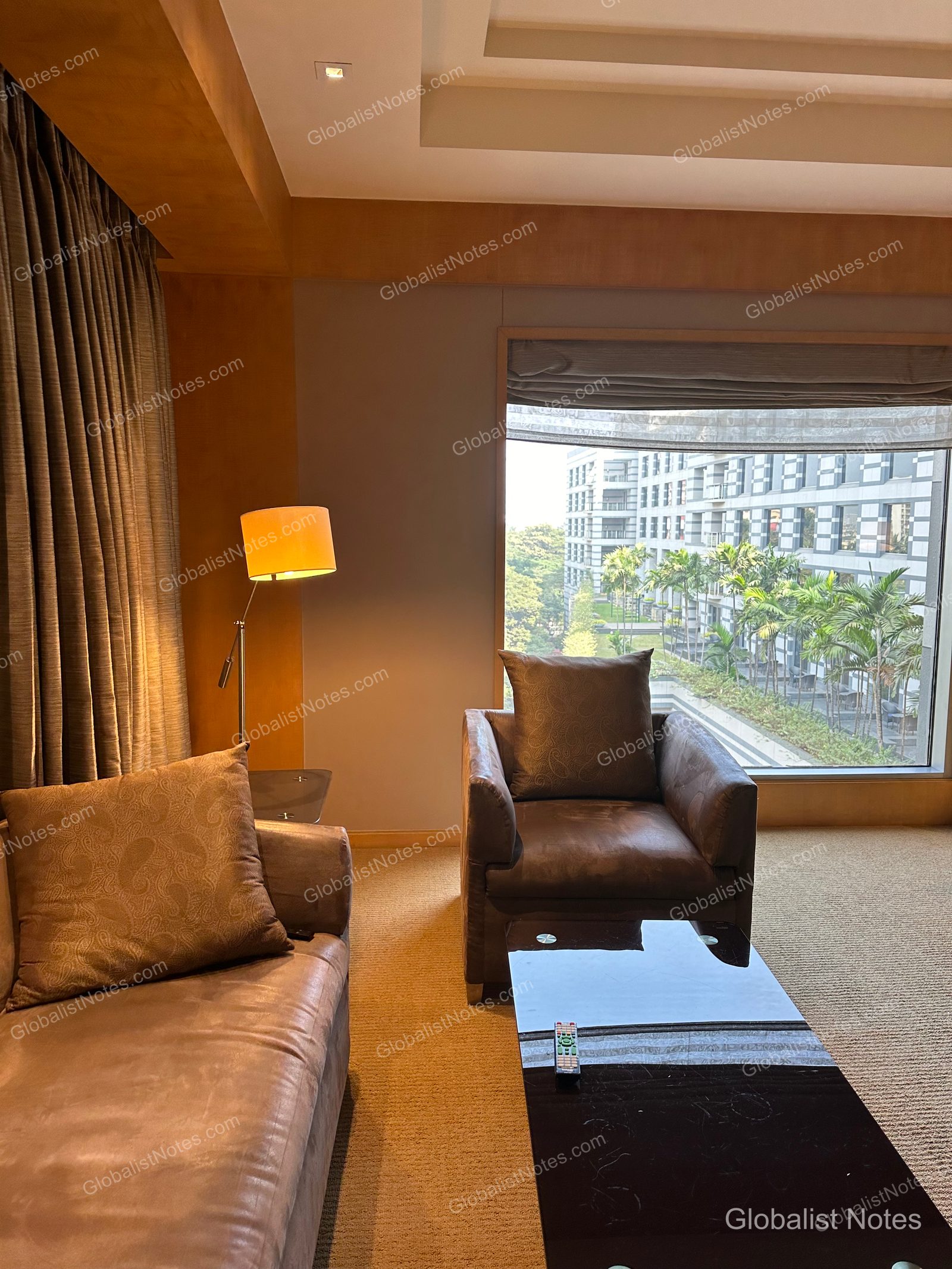 Living area of the Veranda Suite King at Grand Hyatt Mumbai Hotel and Residences, featuring a brown leather sofa, an armchair, and a black glass table, with views of the hotel garden through the window.