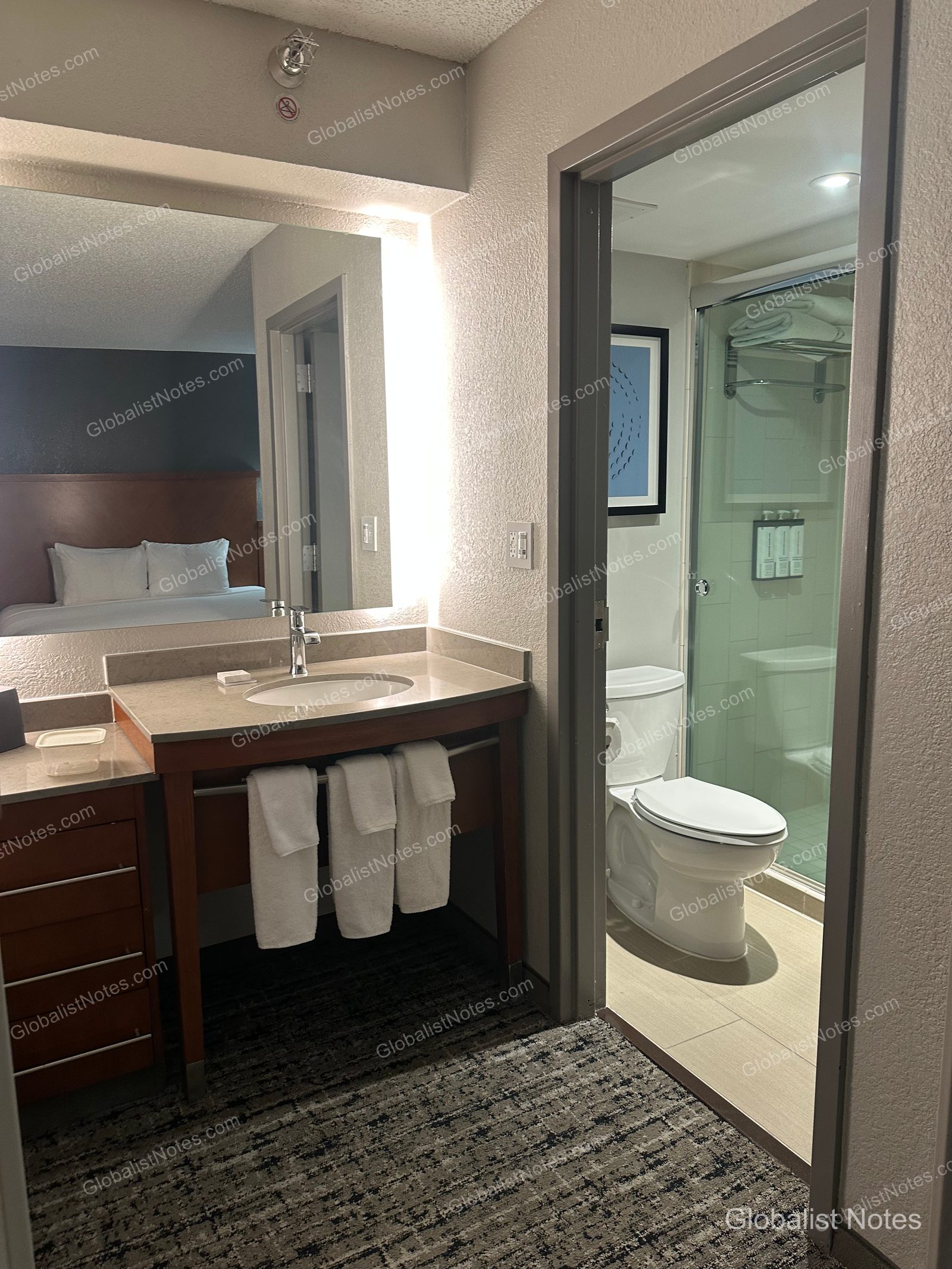 Hyatt Place El Paso Airport 初級套房浴室。洗手台與梳妝區採開放式設計，馬桶與淋浴間則位於獨立隔間內。