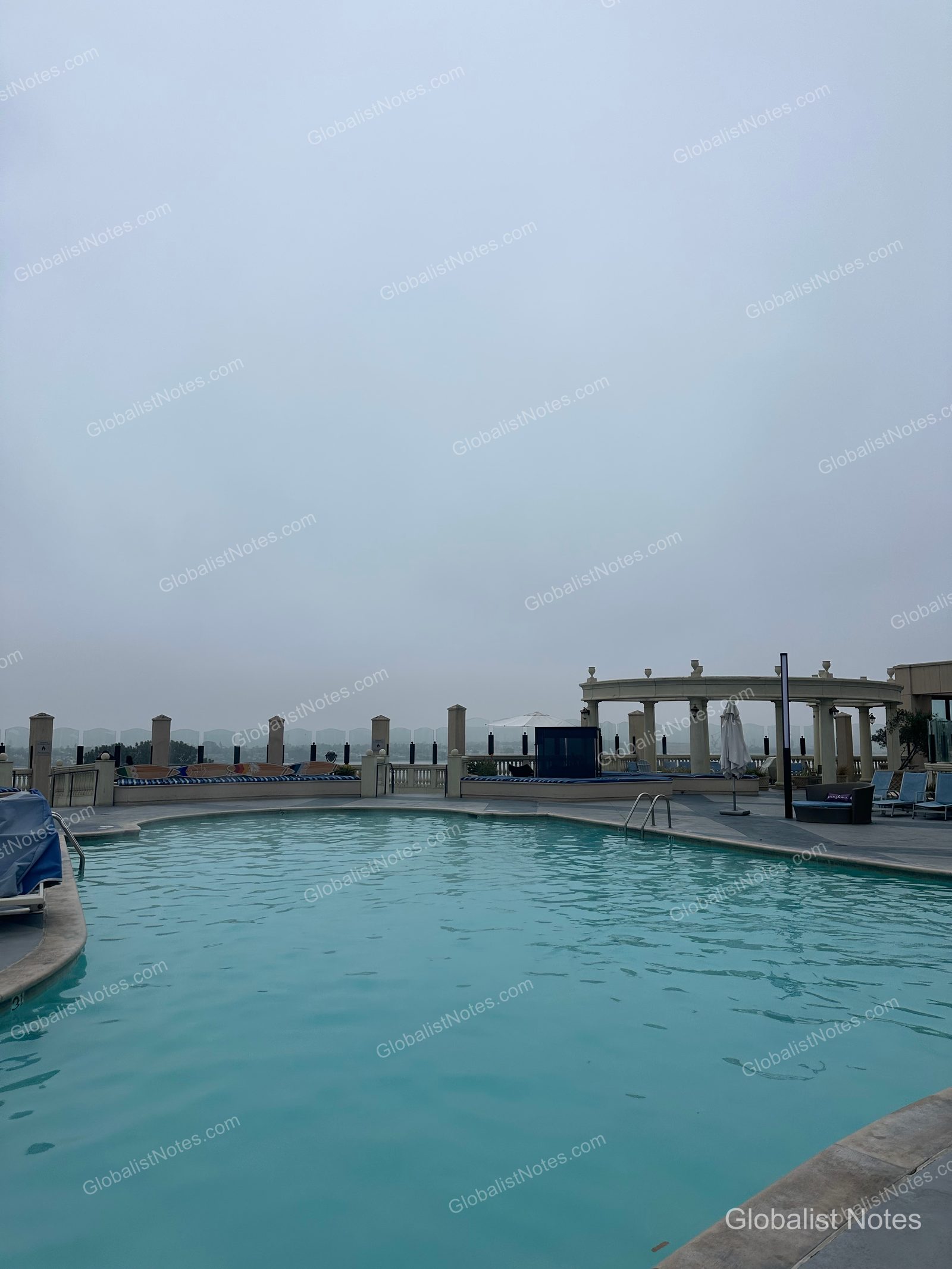 Manchester Grand Hyatt San Diego 戶外泳池全景，陰天背景下可見湛藍池水，後方設有古典柱式涼亭。