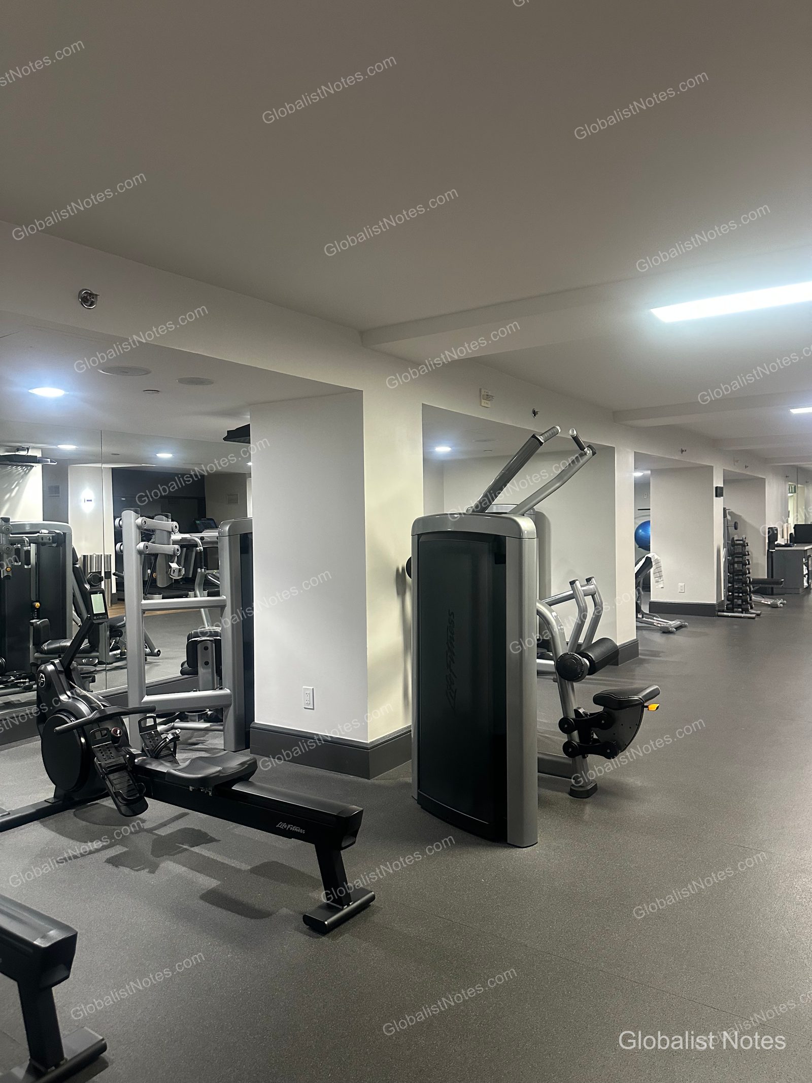 Hyatt Regency Irvine 健身中心，配備 Life Fitness 划船機與重量訓練器材，地面為灰色，牆面設有鏡面。