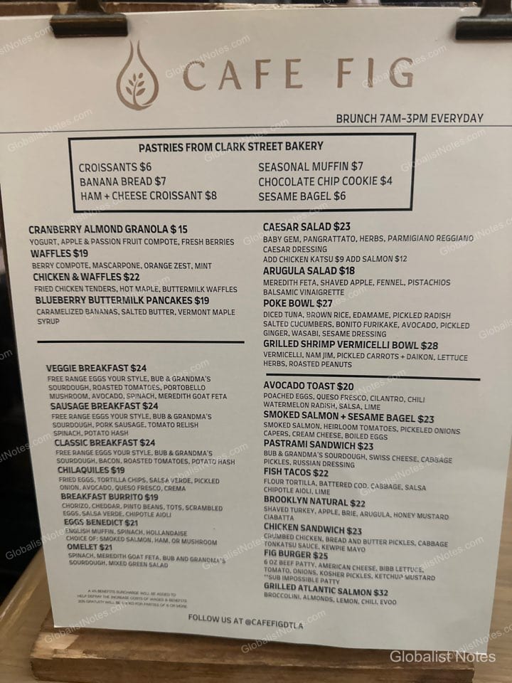 Brunch menu at Café Fig inside Hotel Figueroa. The café logo is at the top, with a two-column layout listing items ranging from Clark Street Bakery pastries to waffles, pancakes, salads, and sandwiches, along with their prices.