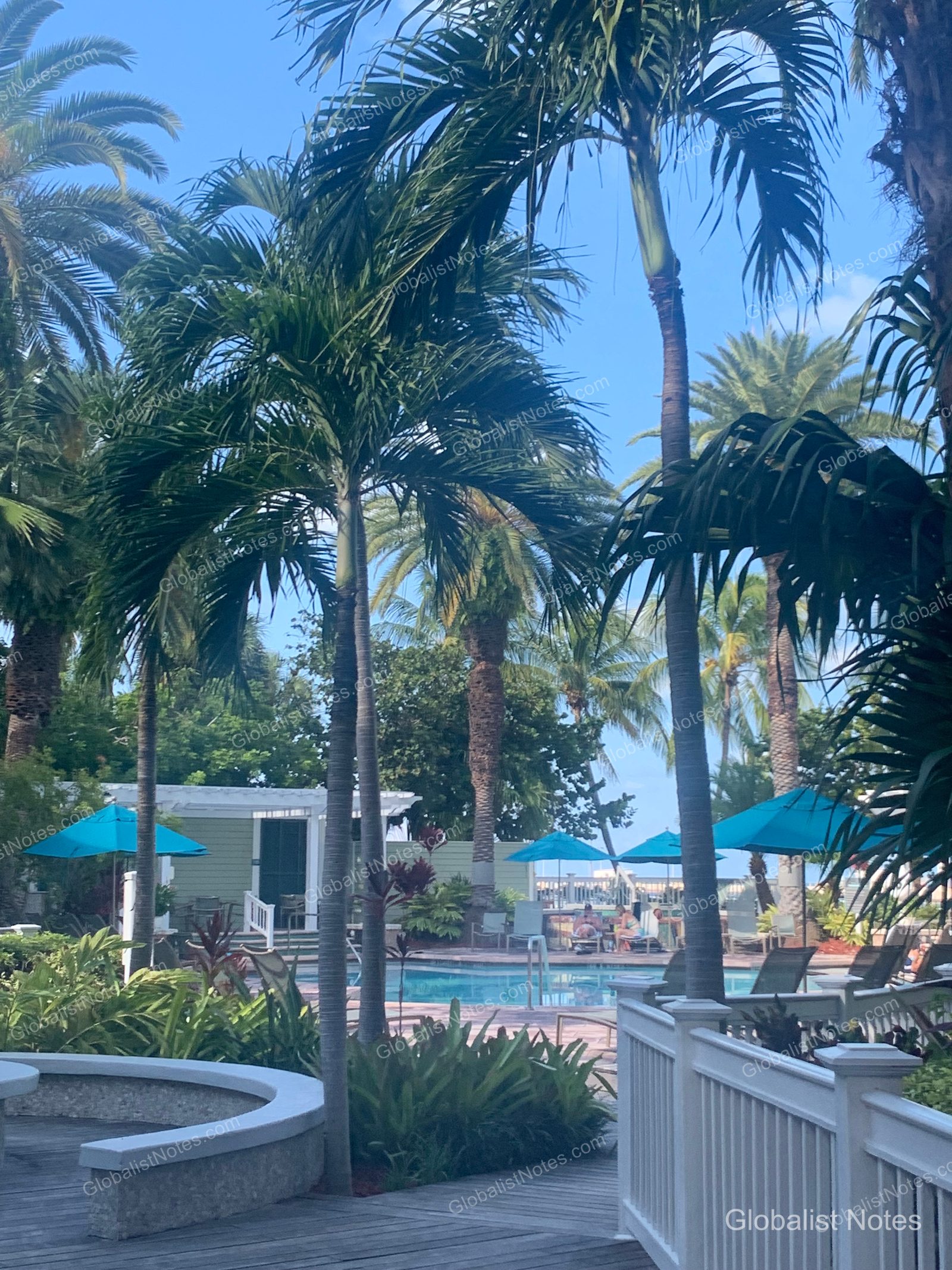 Hyatt Vacation Club at Sunset Harborの屋外プール。ヤシの木に囲まれ、パラソルとサンベッドが並ぶ休憩エリアの向こうに晴れ渡った空が広がっています。