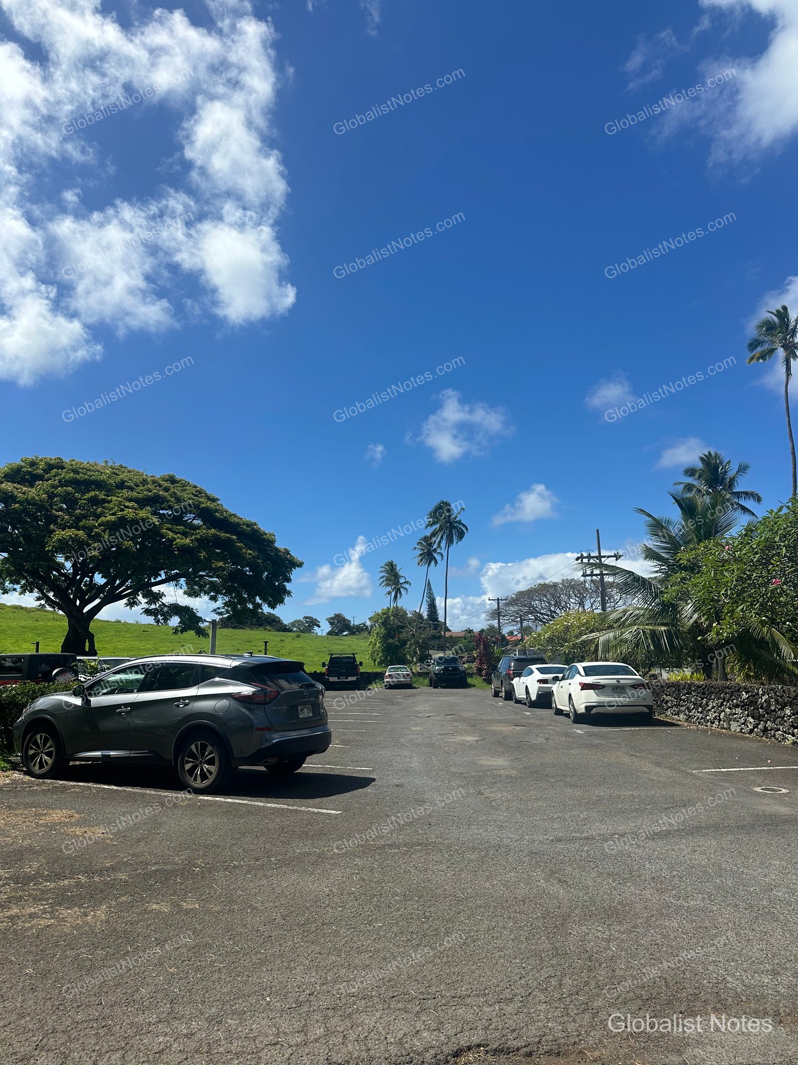 Outdoor parking area at Hana-Maui Resort. Several cars are parked on the asphalt lot, surrounded by green grassy hills, palm trees, and lush vegetation under a clear blue sky.