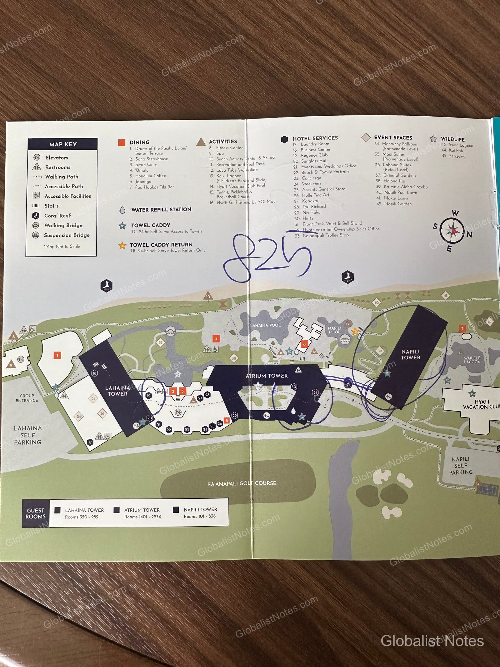 Site map of Hyatt Regency Maui Resort and Spa in Lahaina, Hawaii. The map displays the locations of the Lahaina Tower, Atrium Tower, and Napili Tower, along with icons and numbers identifying key facilities such as pools, restaurants, and parking.