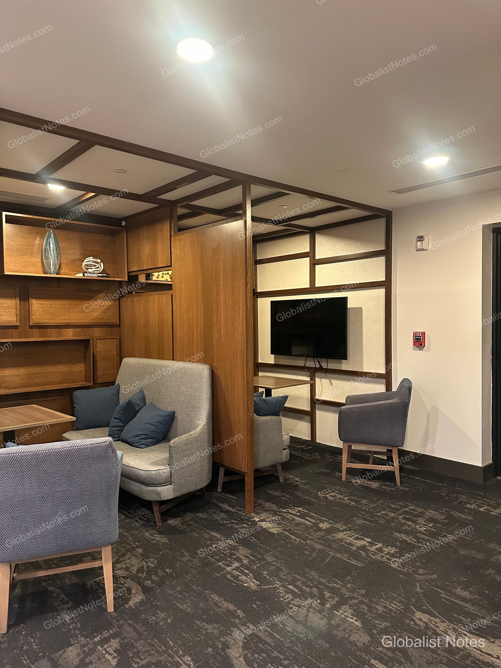 Hyatt Place Tucson-Central 初級套房，以木質格柵區隔客廳空間。房內設有灰色沙發、藍色靠墊、單人椅及壁掛式電視，地面鋪設深色地毯。