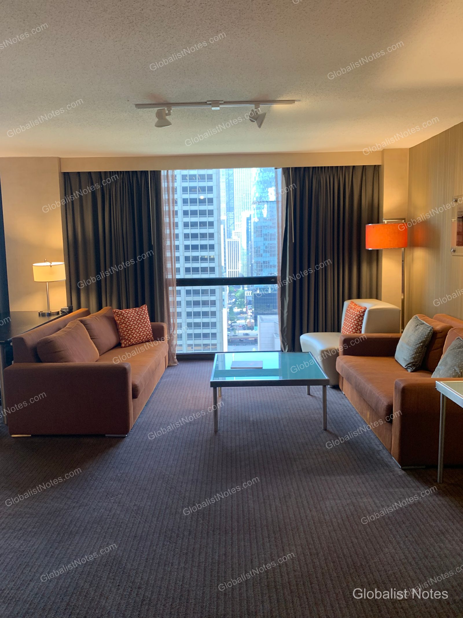 Hyatt Regency Chicagoのジュニアスイートのリビングエリア。向かい合わせに配された2脚のブラウンのソファと中央のガラステーブル、窓の外にはシカゴのビル群が広がっている。