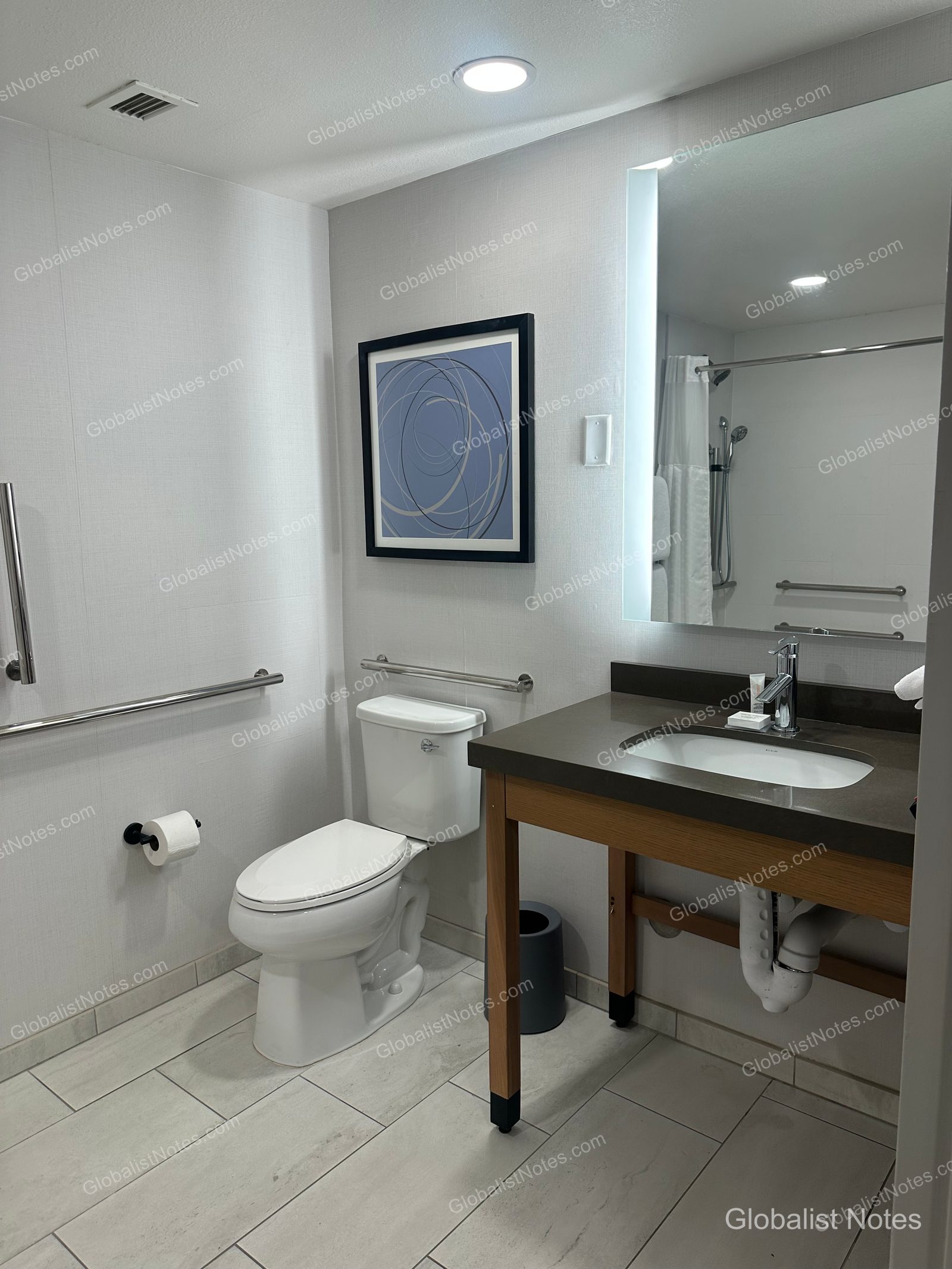 Hyatt Place Tucson-Central 初級套房浴室，鋪設白色磁磚，設有安全扶手的馬桶與洗手台，牆上掛著抽象畫。