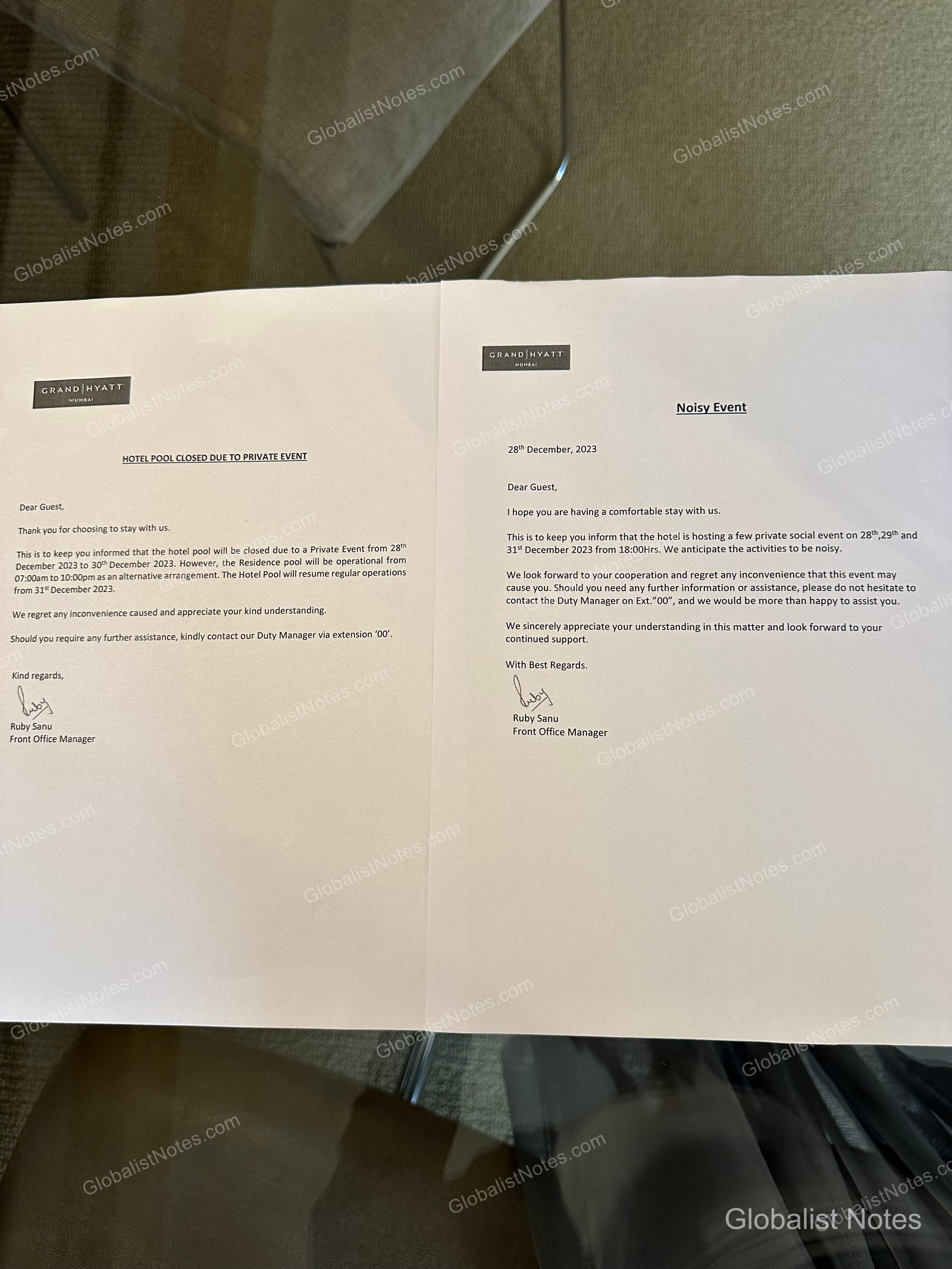 Two notices provided to guests at Grand Hyatt Mumbai. The left notice details a pool closure, while the right warns of potential noise from a private event scheduled for December 28–31.