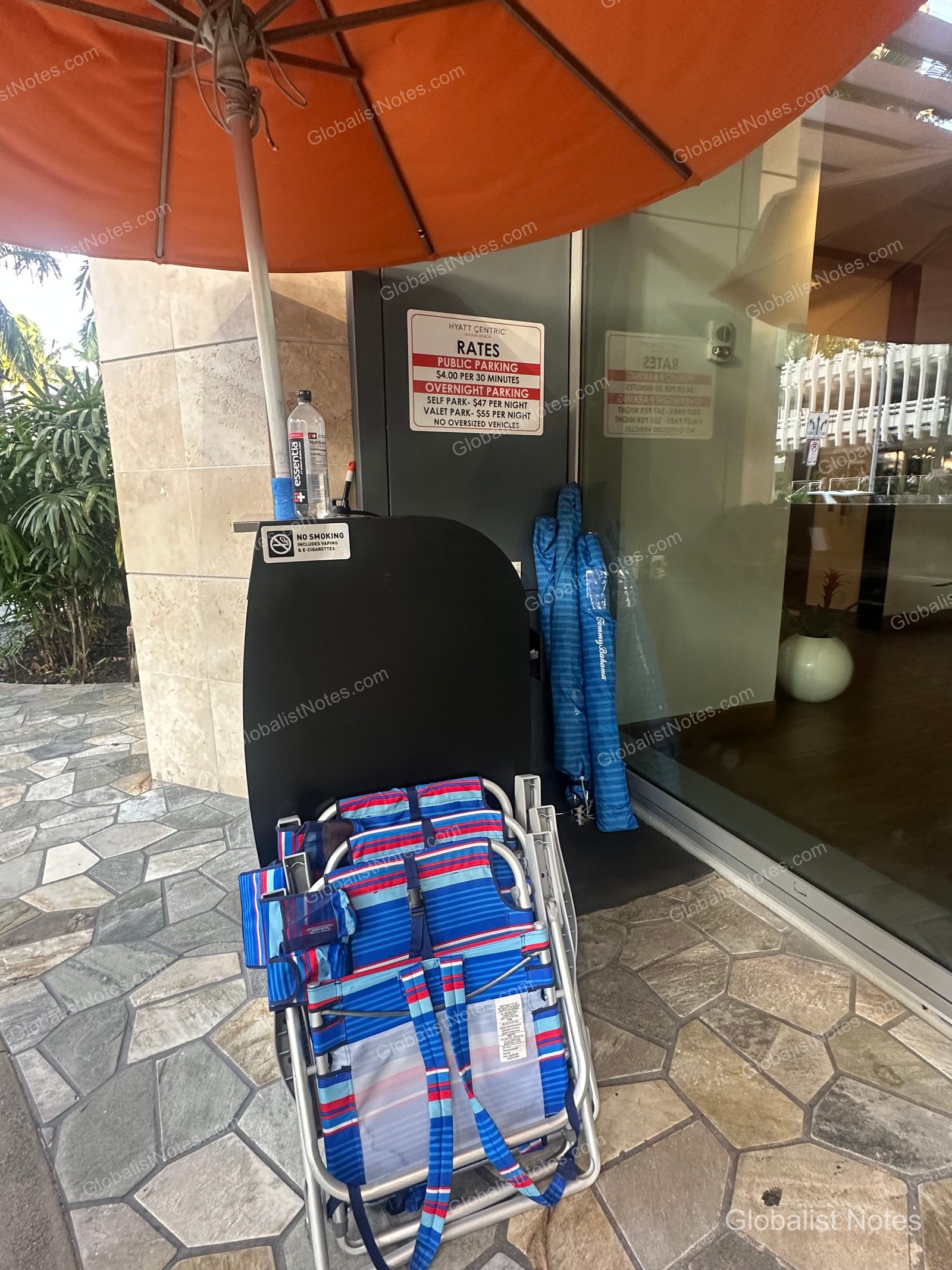 A parking rate sign posted at the entrance of Hyatt Centric Waikiki Beach, with blue-striped beach chairs and umbrellas for guest use stored folded underneath. The sign details the rates for 30-minute increments as well as the nightly self-parking and valet parking fees.