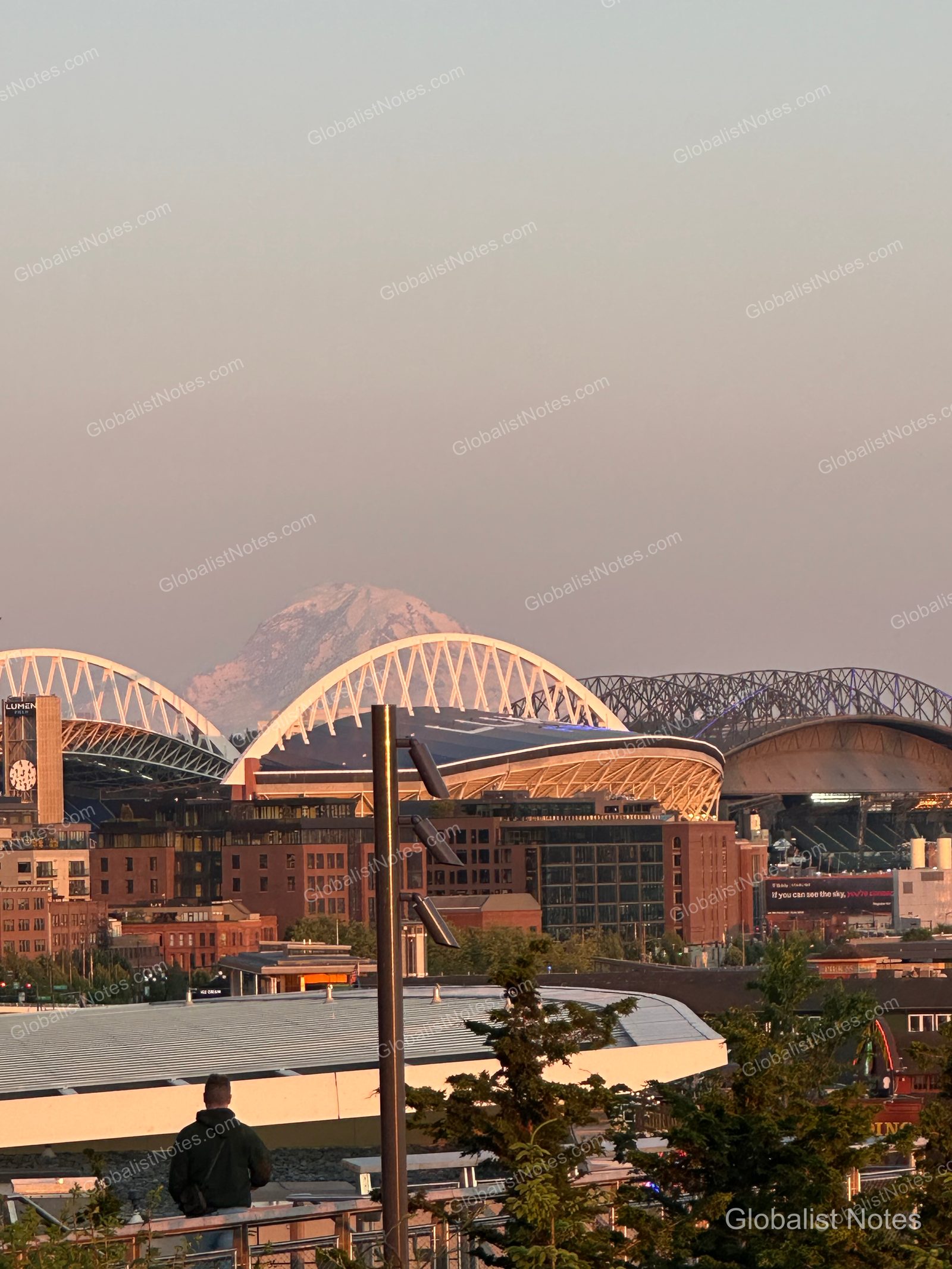 A view of Mount Rainier glowing pink at sunset behind Lumen Field in downtown Seattle, with the back of a person leaning against a railing in the foreground.
