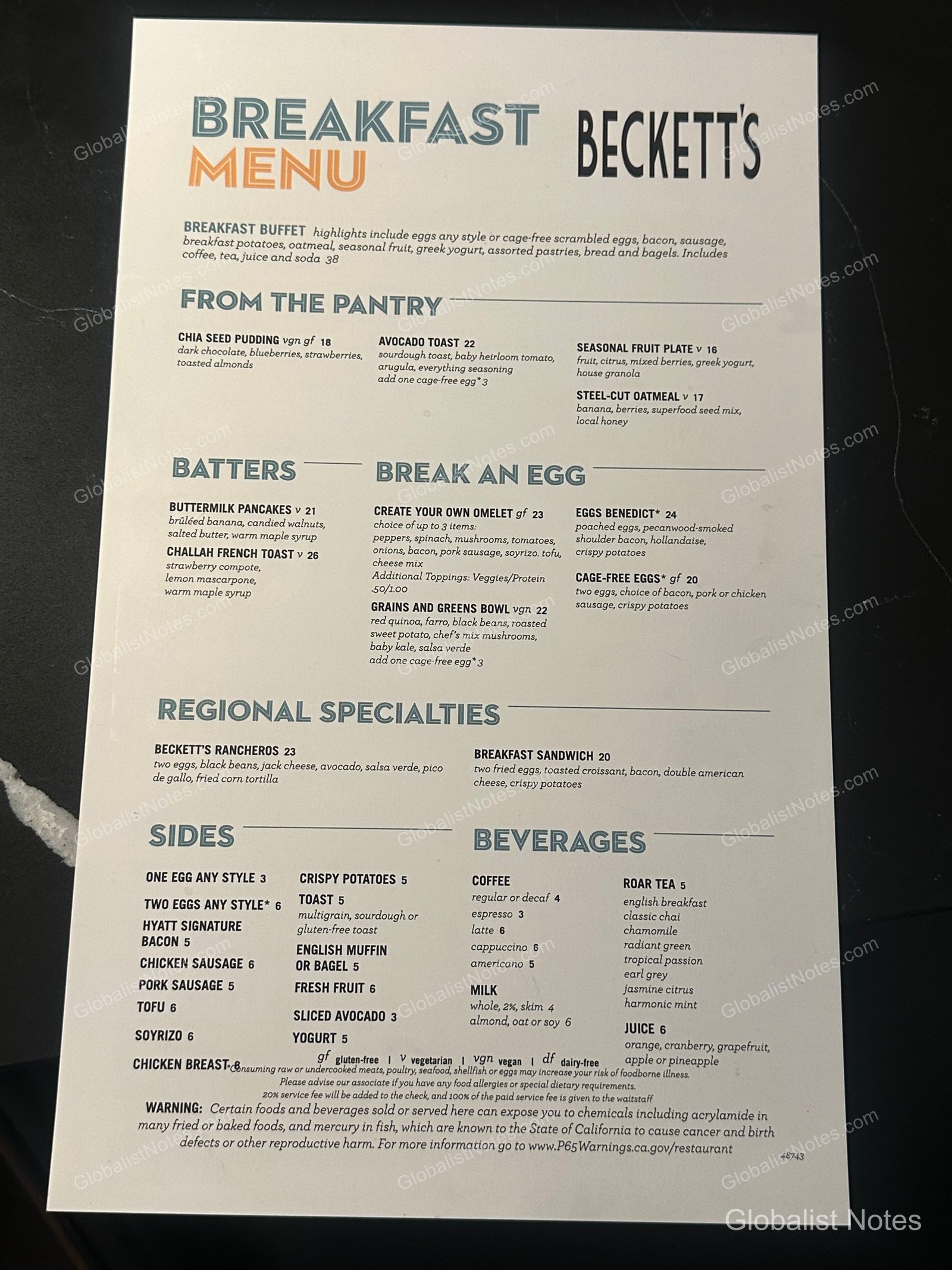 Breakfast menu at unity la restaurant inside Hyatt Regency Los Angeles International Airport, showing pricing for the buffet option, a la carte items like avocado toast, omelets, and eggs benedict, as well as various drinks and sides.