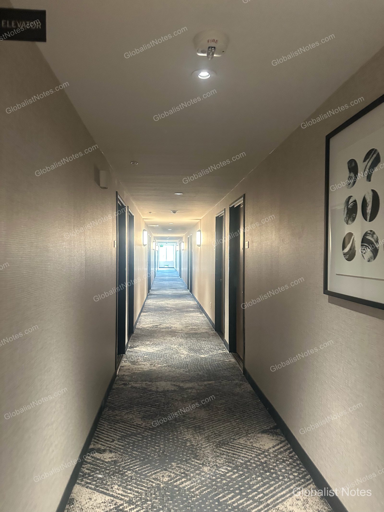 Hyatt Place Flagstaffの客室廊下。幾何学模様のカーペットが敷かれ、壁にはモノクロの抽象画が飾られています。