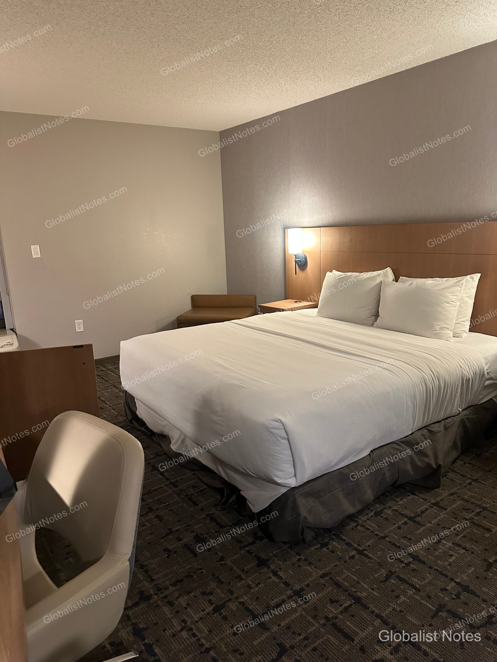 Hyatt Place Tucson-Central 客房內部，配有鋪設白色床品的特大雙人床、床尾椅，以及前方配置的辦公椅與書桌。