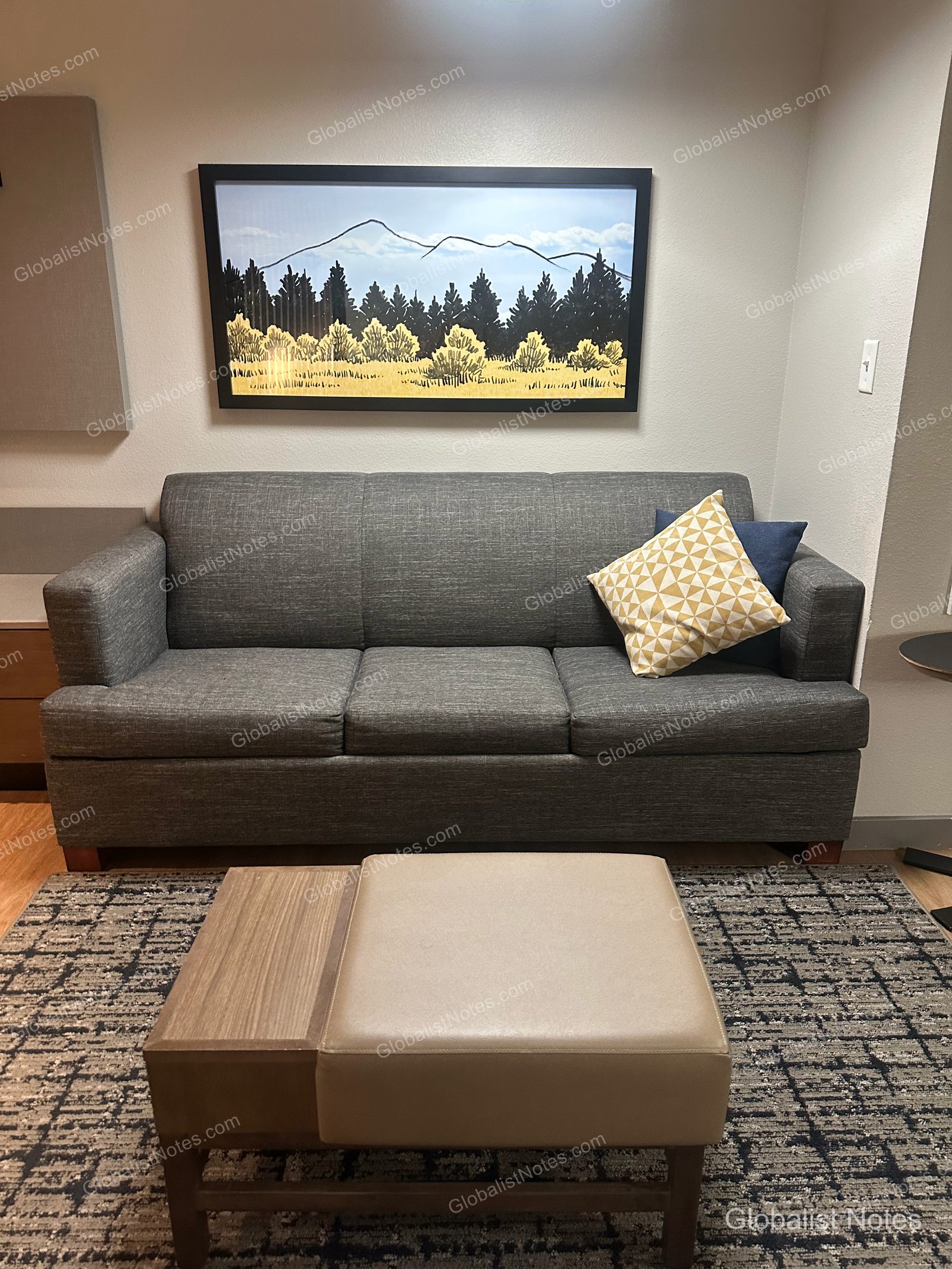 Hyatt Place Flagstaffのデラックスルーム。グレーのソファに幾何学模様のクッション、手前にはレザーのオットマンが置かれ、床には柄物のラグが敷かれています。壁面には山と森をモチーフにしたアートが飾られています。