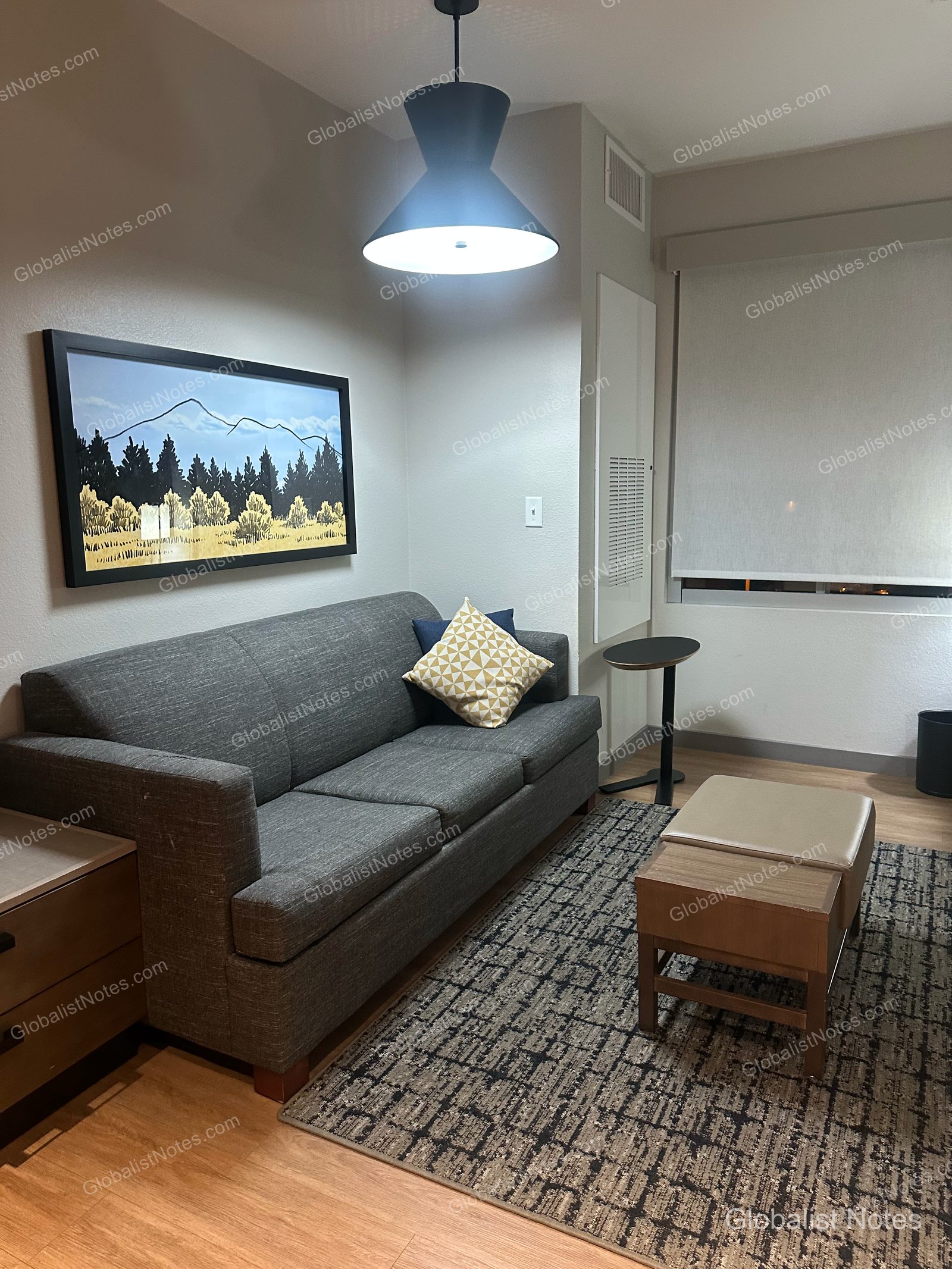 Hyatt Place Flagstaffのデラックスルームのリビングエリア。グレーのソファと幾何学模様のクッション、小さな円形テーブルが置かれ、壁には山と森のアートが飾られています。